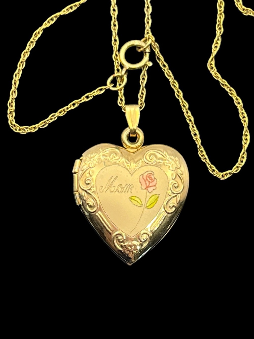 14k gold filled MOM heart engraved flower photo locket pendant on chain necklace